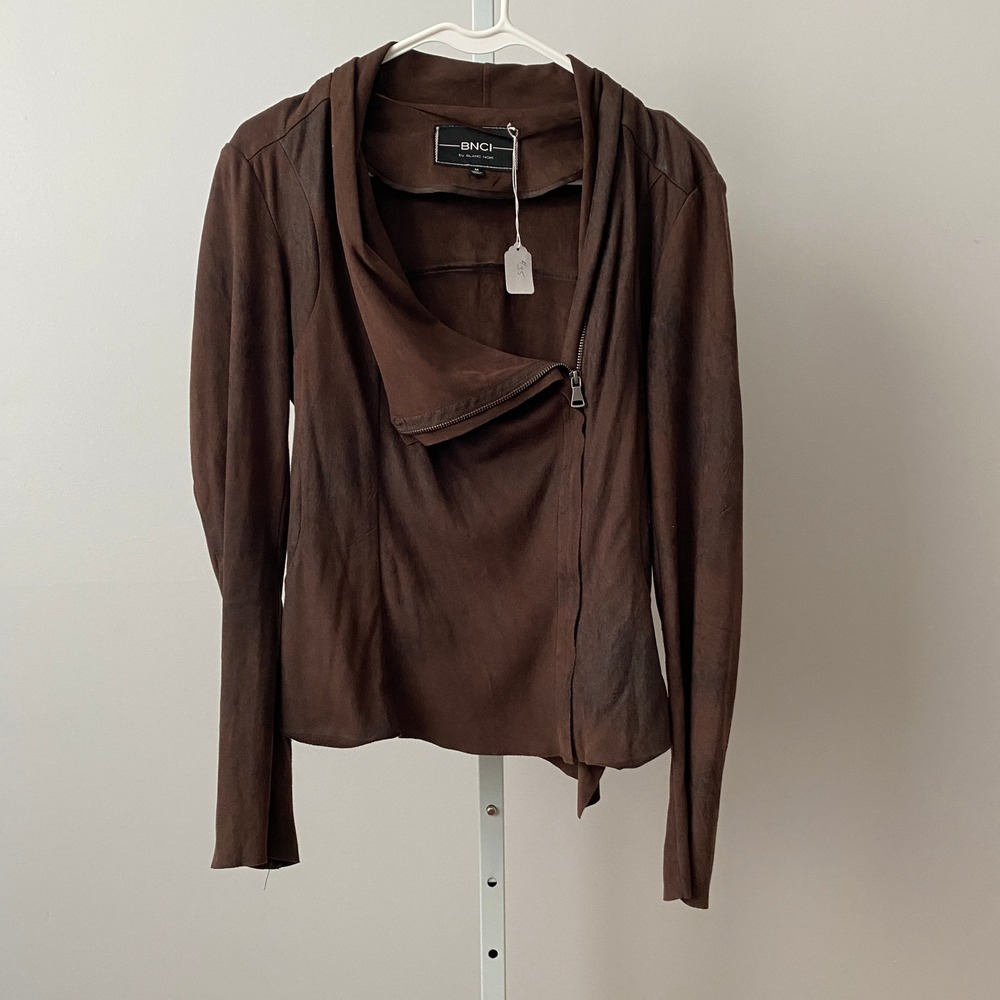 BNCI Moody Shabby Chic Moto Asymmetric Faux Suede Drape Jacket M Brown
